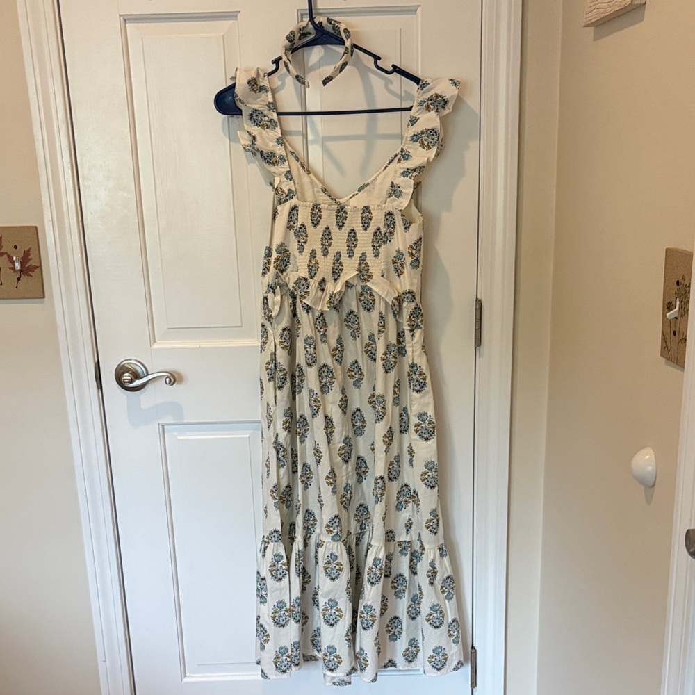 J. Crew Ruffled V-Neck Floral Maxi Dress in Cream and Blue - Picture 4 of 5